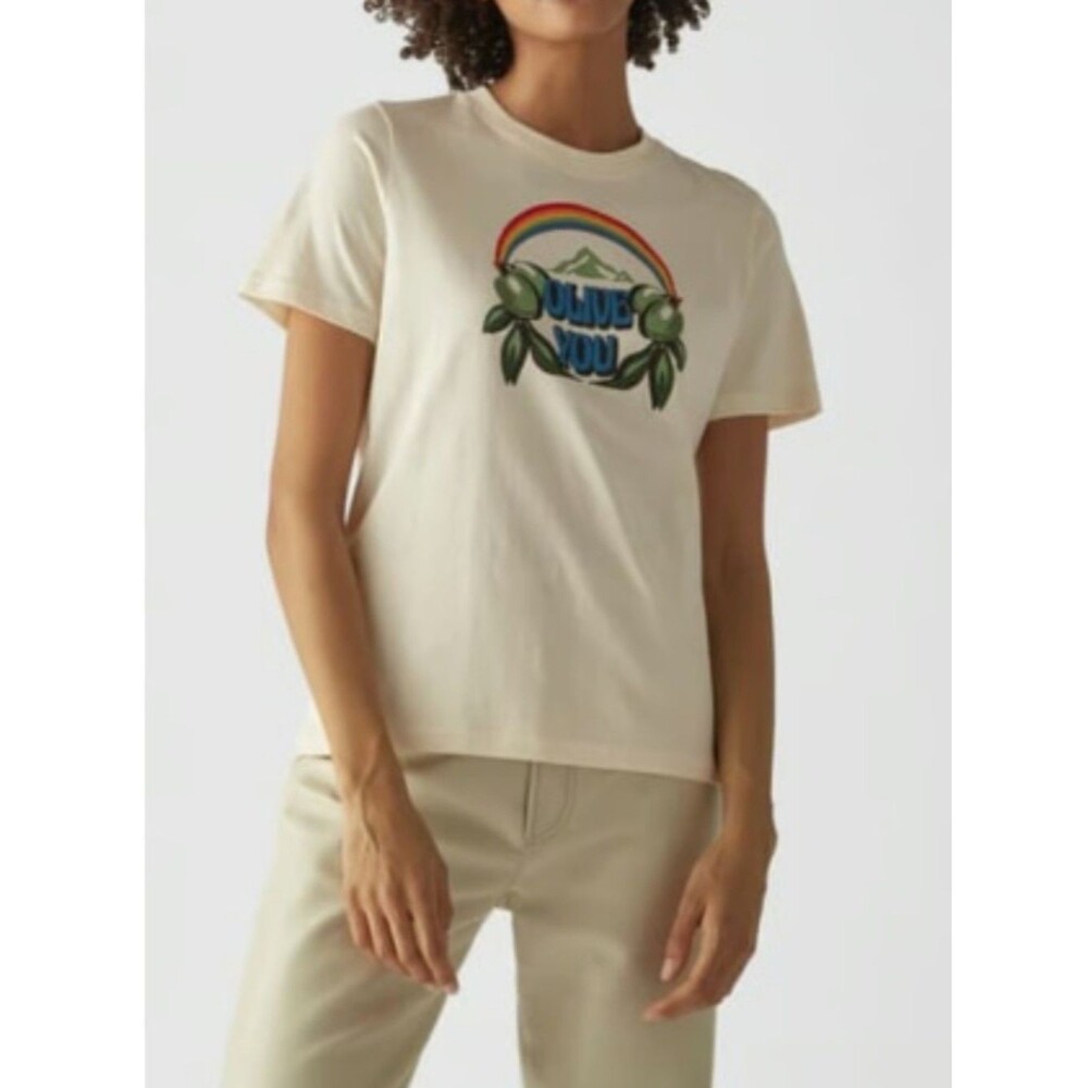 Tory Burch Cream "Olive You" Vintage Retro Rainbow Graphic Tee Sz XS Quiet Lux